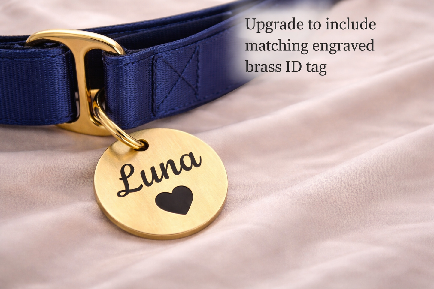 A gold-colored dog collar with a personalized name tag attached, resting on a pink fabric background.