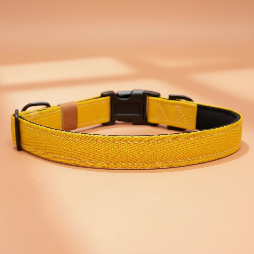 Yellow dog collar with a black buckle on a beige background