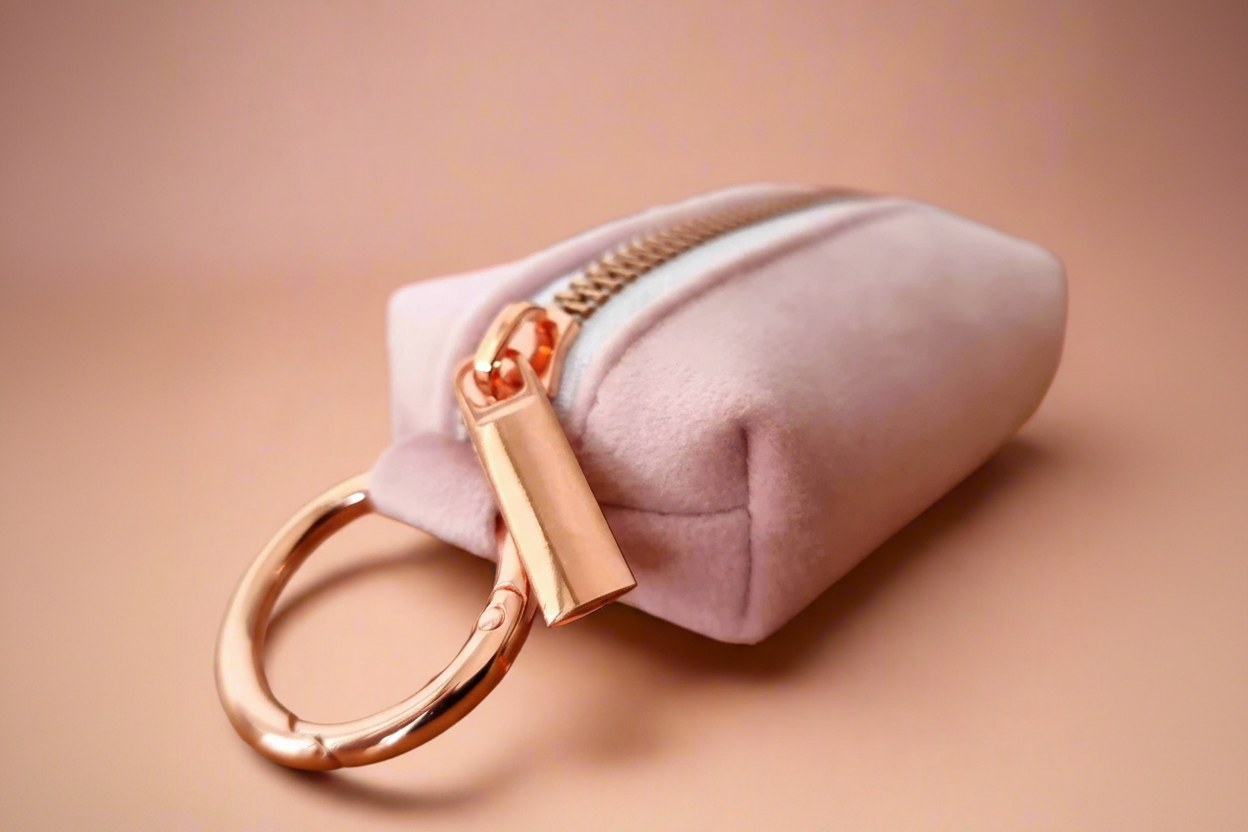 Pink dog waste bag pouch with a rose gold zipper and ring clip
