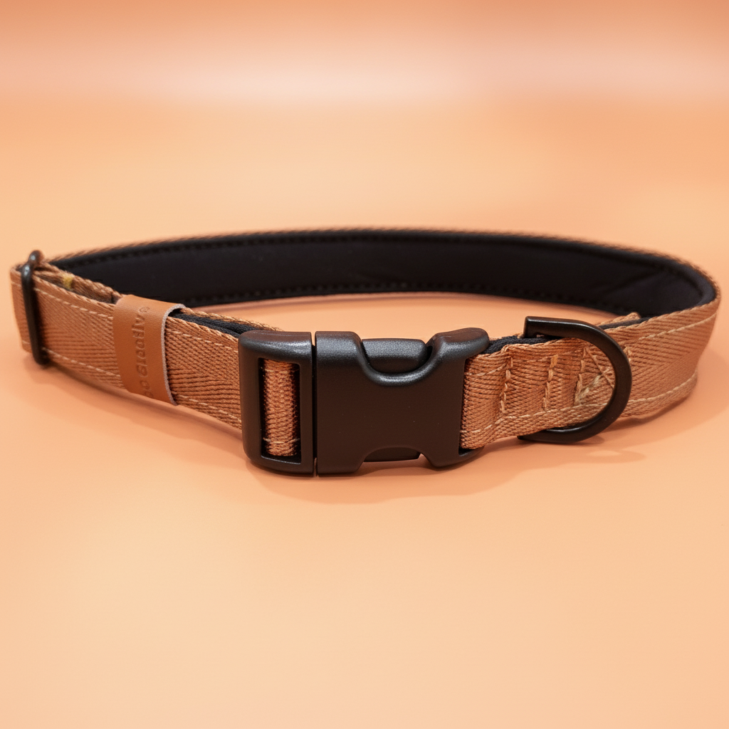Brown dog collar with black buckle on a beige background
