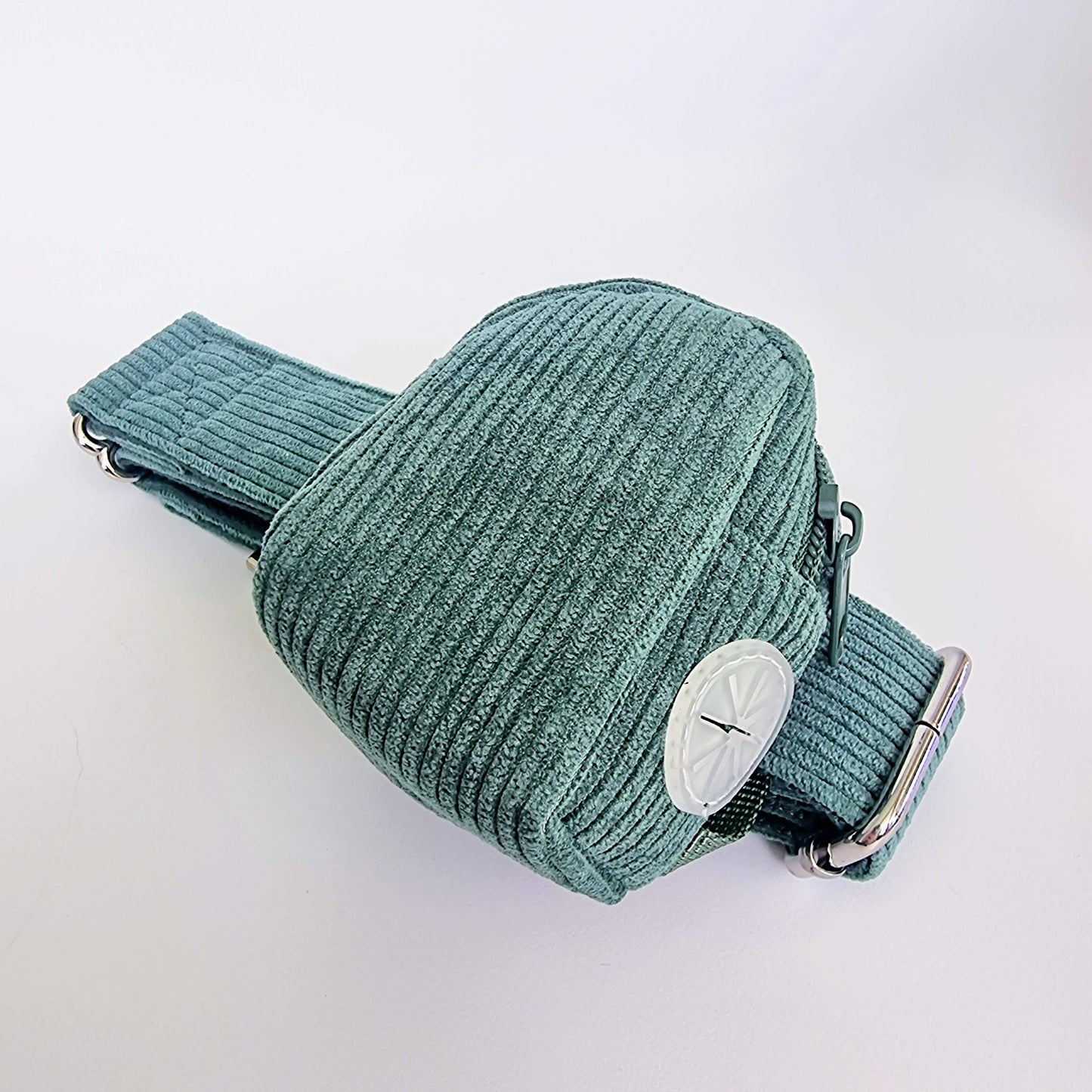 Green Corduroy Mini Backpack Poop Bag Holder – Cute, Clip-On & Ready to Roll