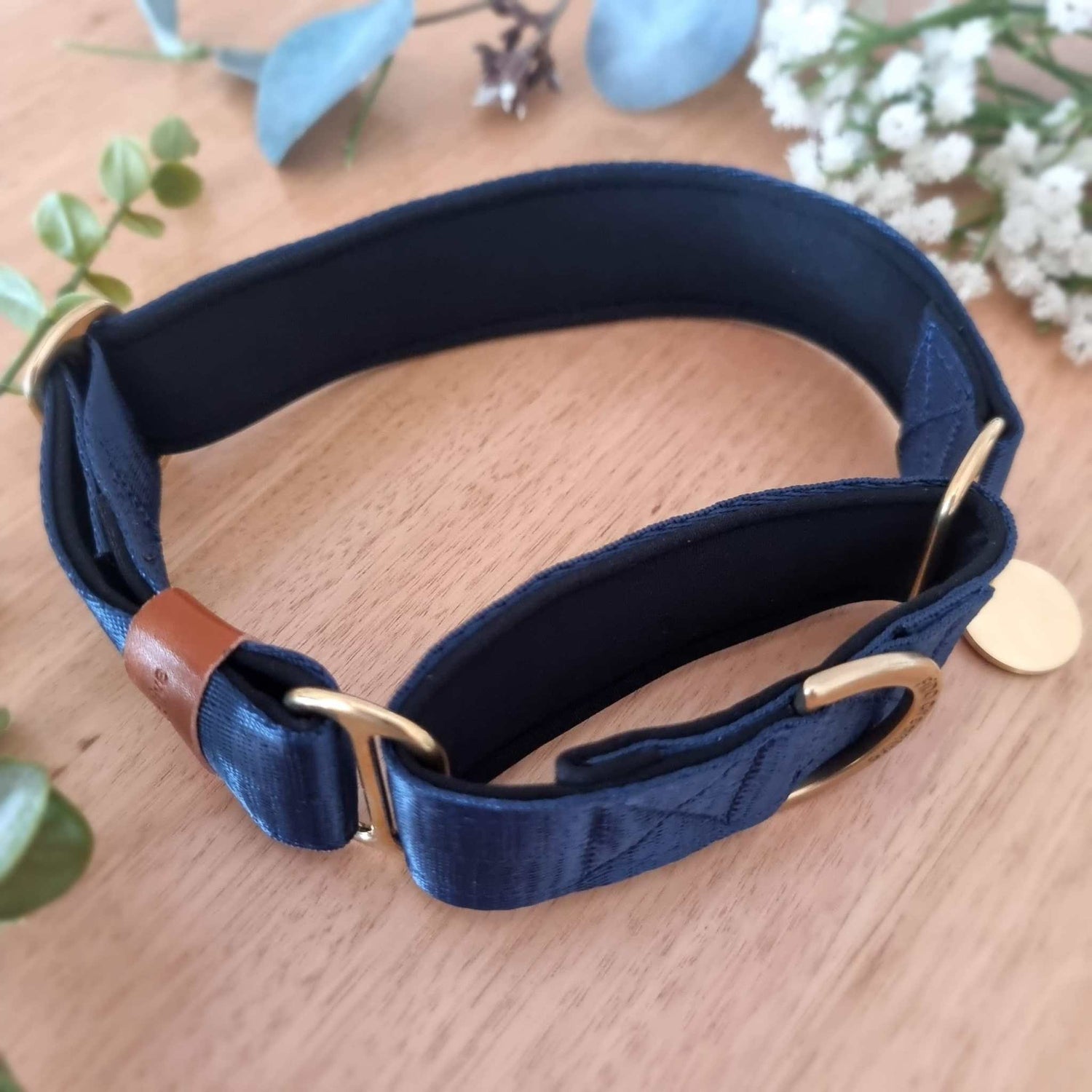 Navy blue martingale collar with soft padding