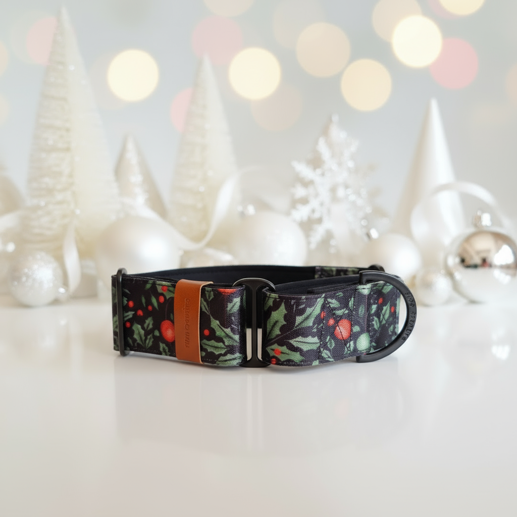 Holly Night Martingale Dog Collar – Black Christmas Dog Collar with padding