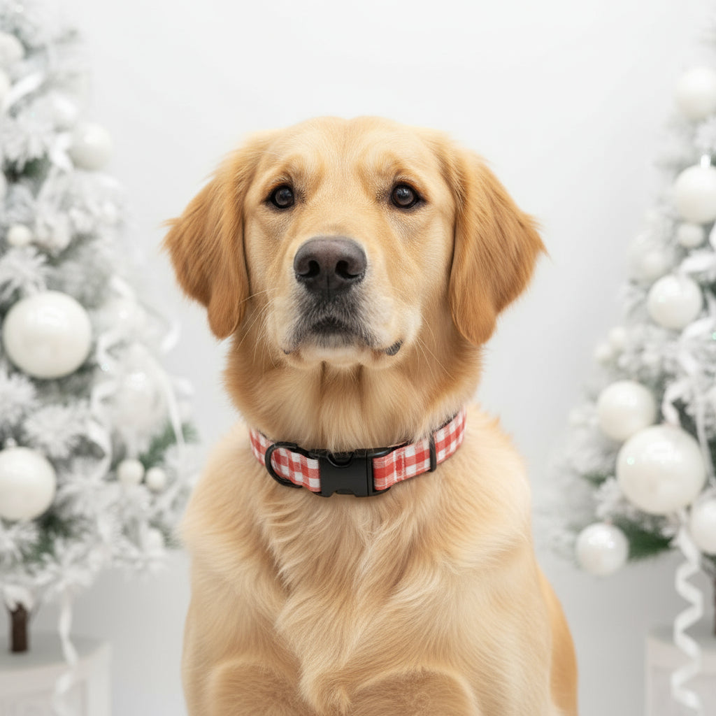 Christmas dog collar with red gingham pattern