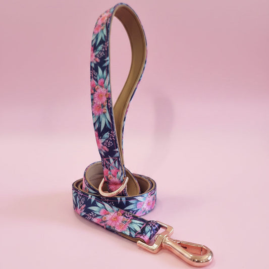 Floral-patterned dog leash with rose gold hardware