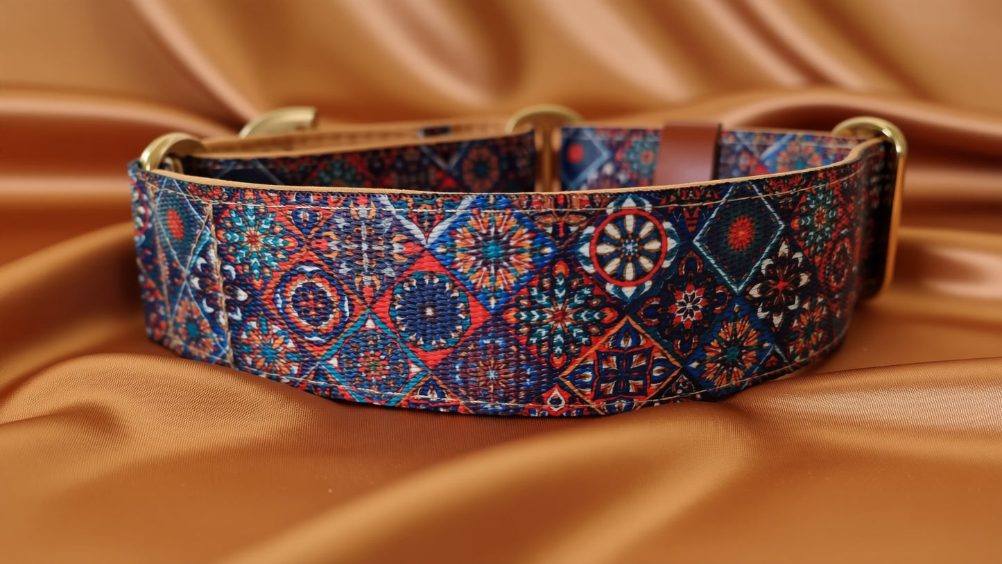 A colorful patterned dog collar with a geometric design.