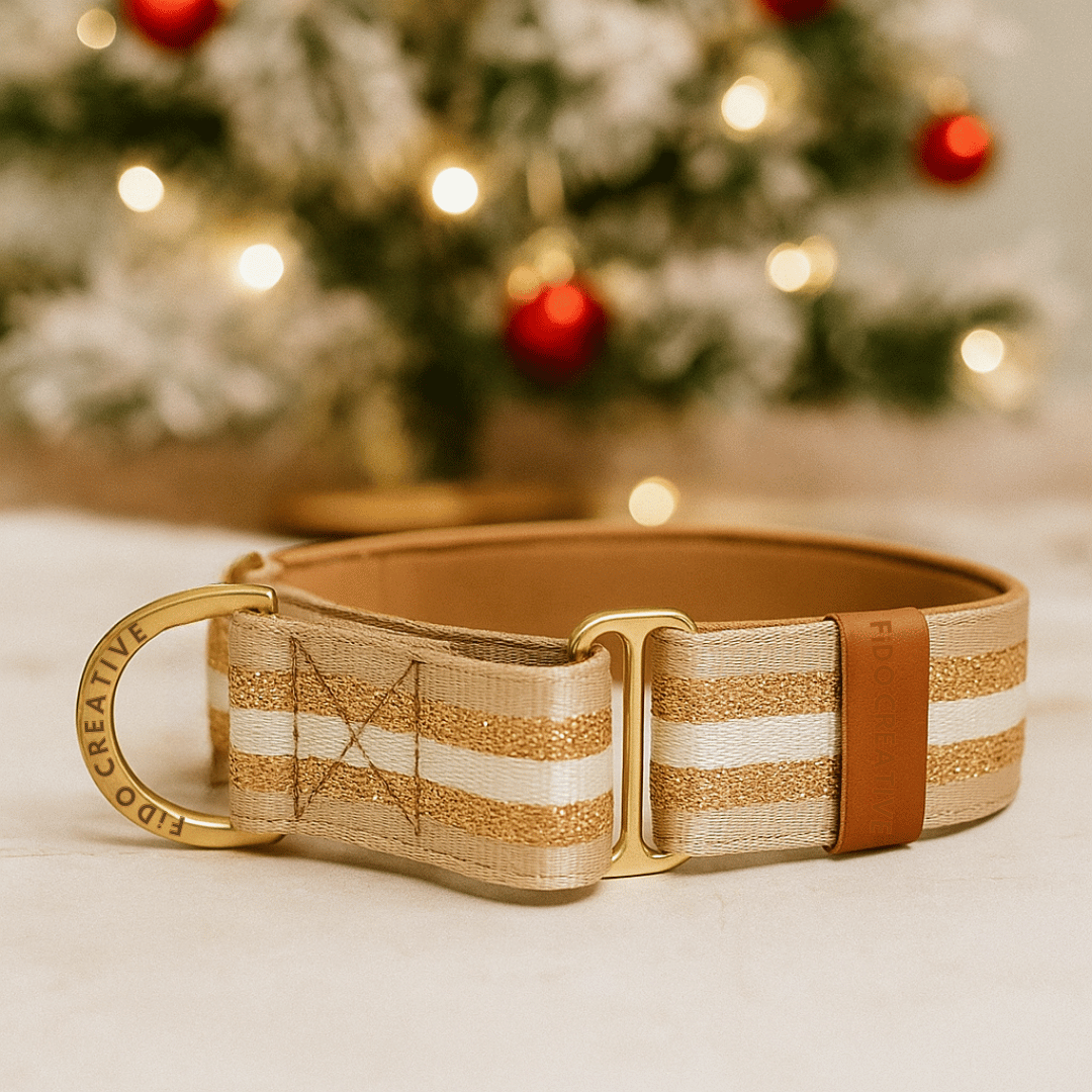 Beige Festive Glitter Dog Collar – Personalised Christmas buckle or martingale collar (1.5" Wide)