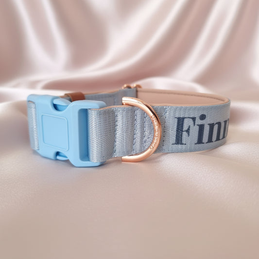 Dog collar with blue buckle and rose gold hardware on a pink fabric background