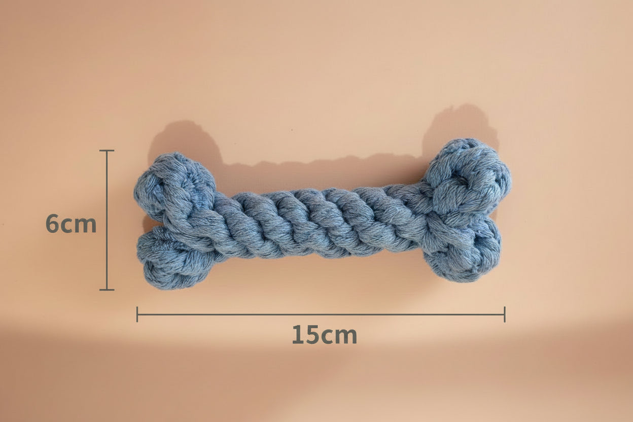 A light blue braided rope dog toy shaped like a bone.
