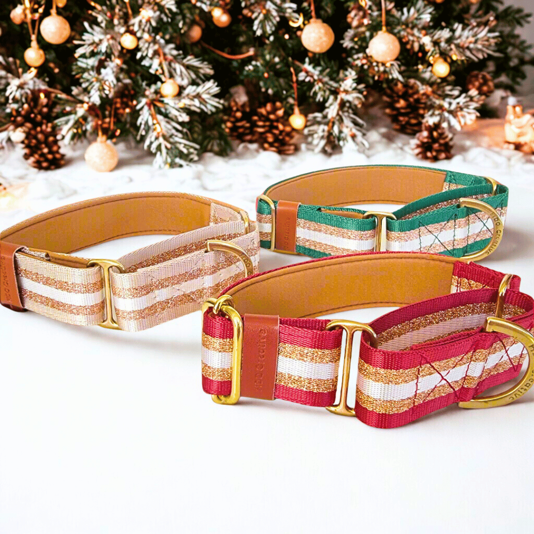 Red Festive Glitter Dog Collar – Personalised Christmas buckle or martingale collar (1.5" Wide)