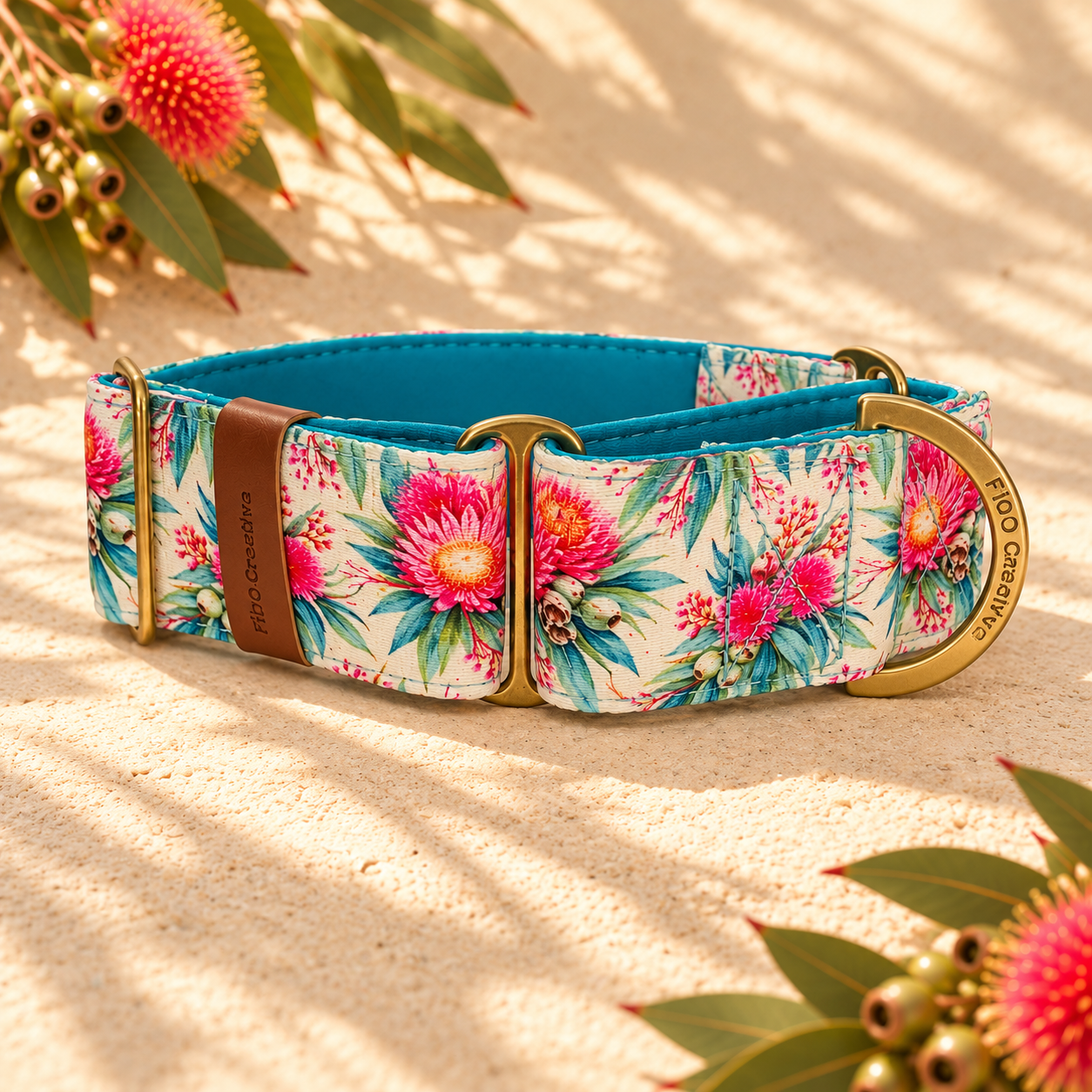 Martingale dog collar with padding and flower pattern