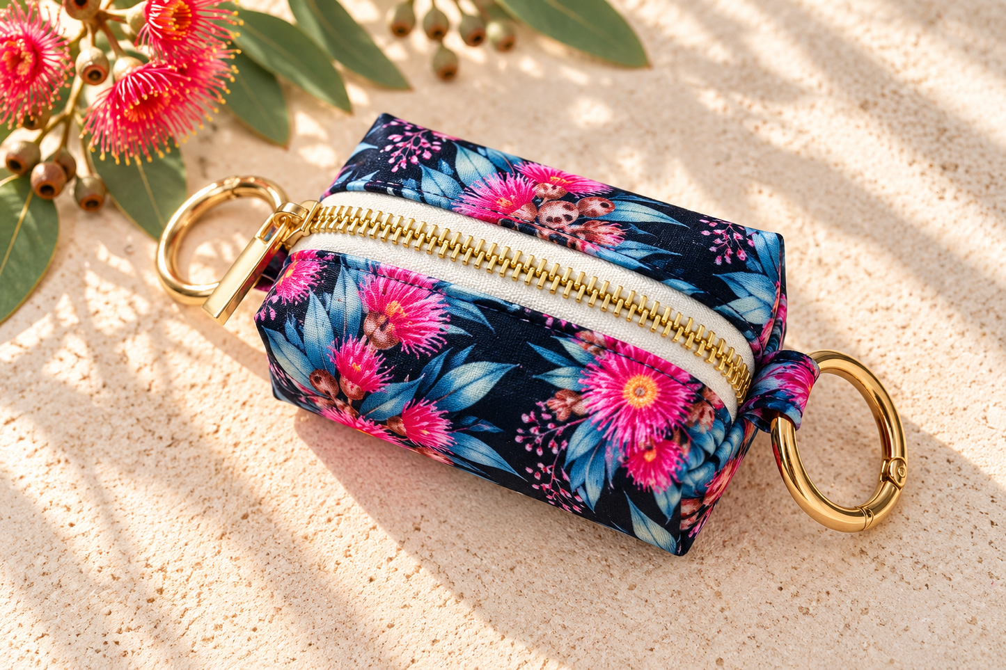 Navy Blue and Pink Native Gum Flower Dog Poop Bag Holder 🌸