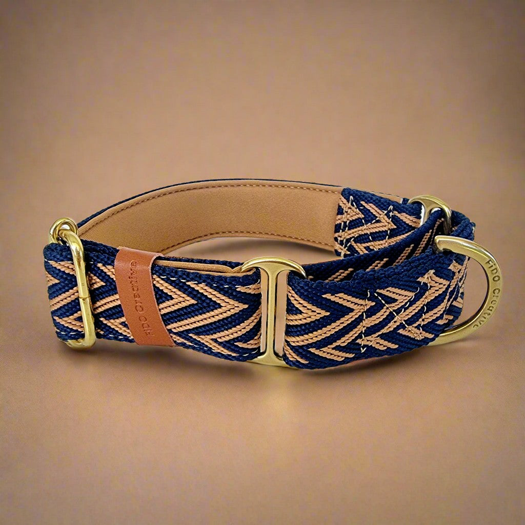 Tan and Navy Blue Martin gale collar with solid brass hardware