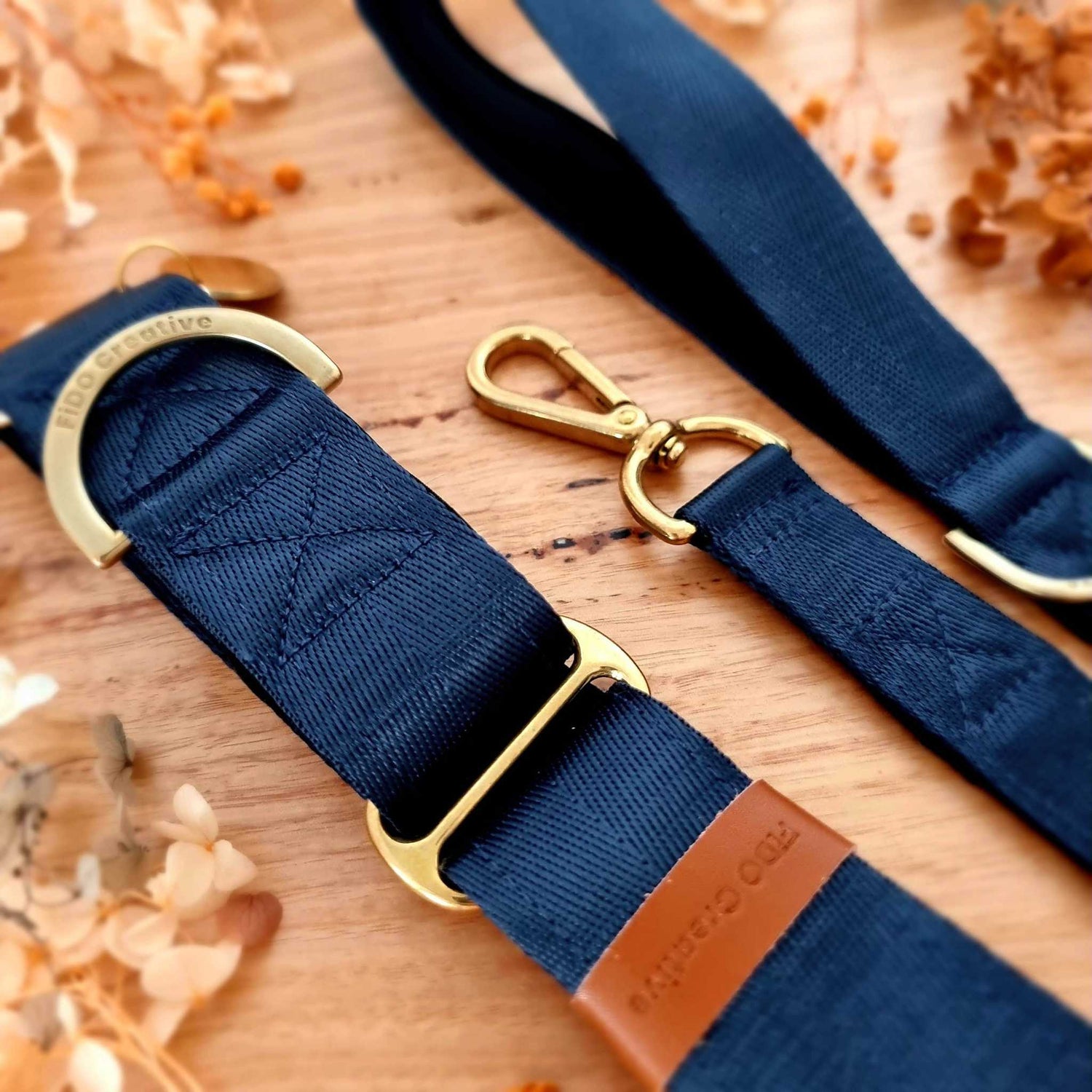 navy blue dog collar and leash