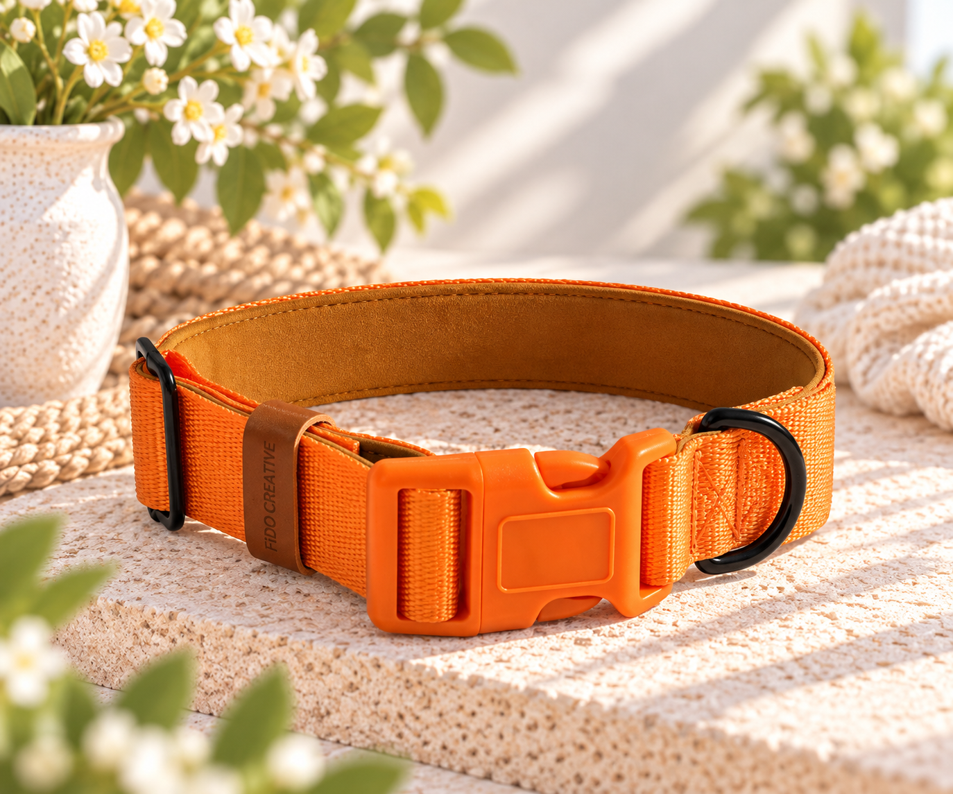 Orange padded dog collar with buckle - Optional name dog collar