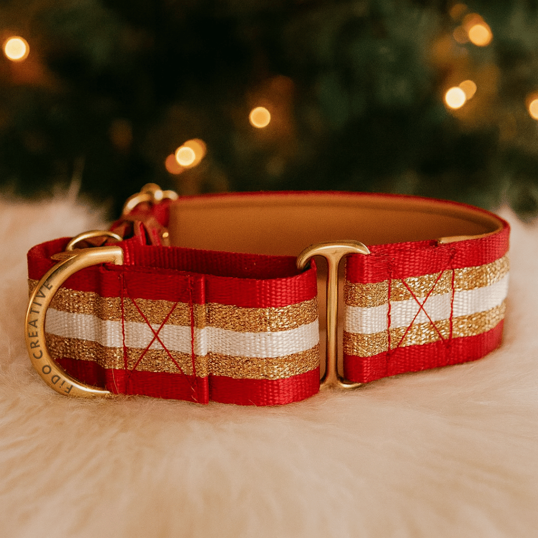 Red Festive Glitter Dog Collar – Personalised Christmas buckle or martingale collar (1.5" Wide)