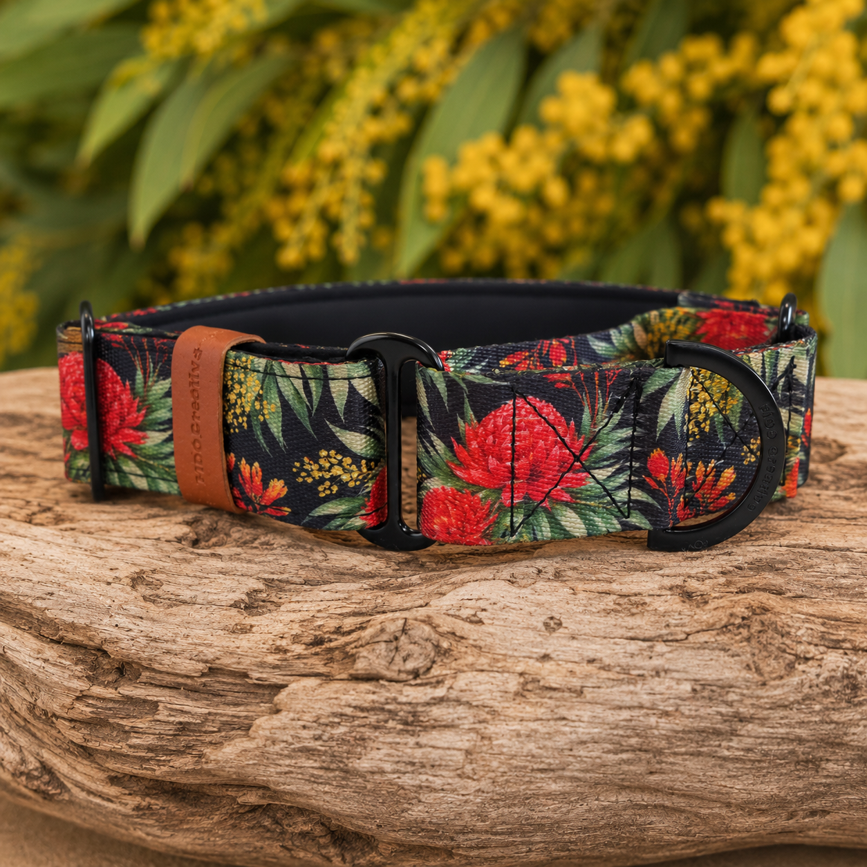 Floral-patterned  martingale dog collar on a wooden surface with a natural background