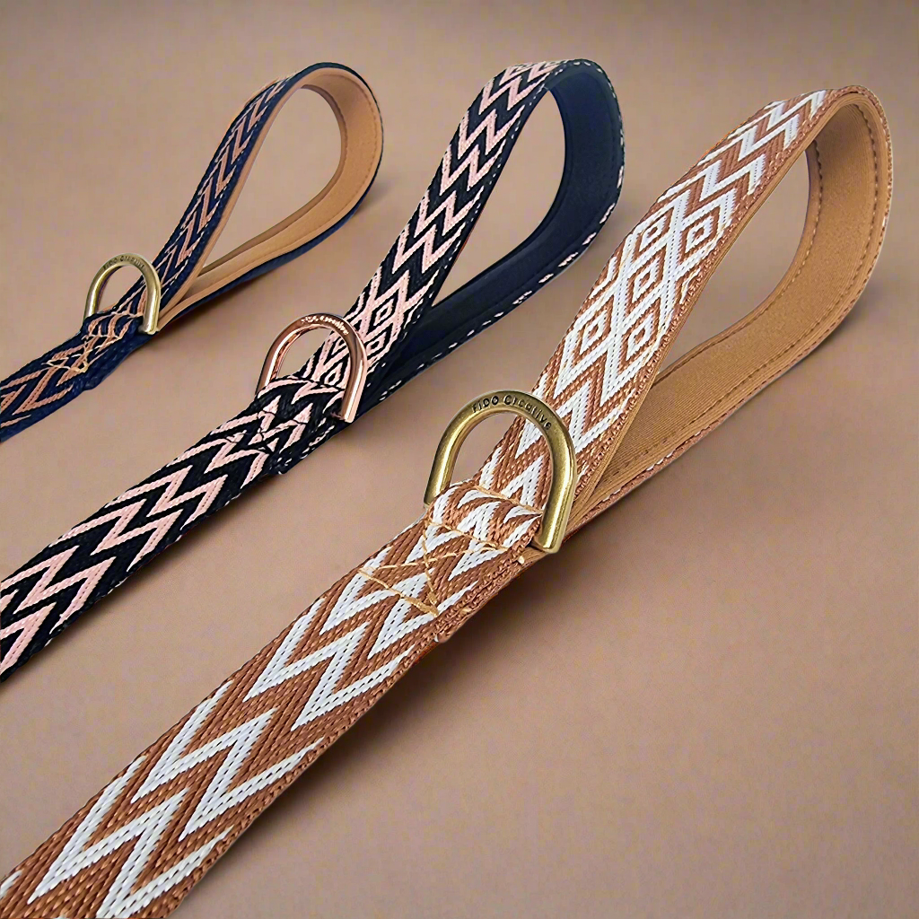 Dog Leash, Navy & Tan Jacquard