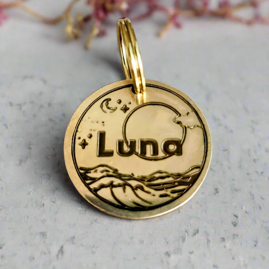 High quality pet ID tag with moon design and the name Luna engraved