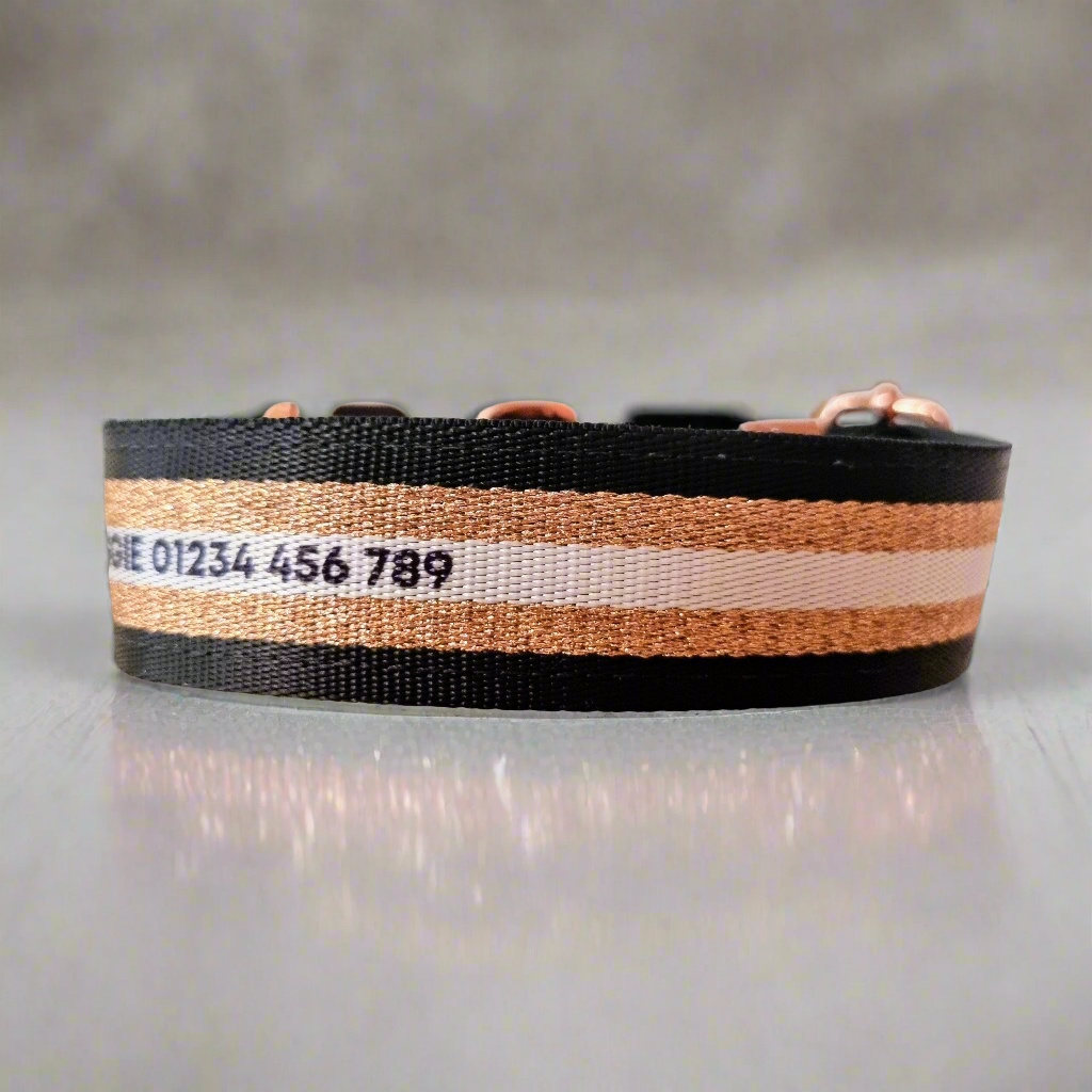 Personalised Martingale collar - Black & Rose gold - Padded - 1.5" Wide