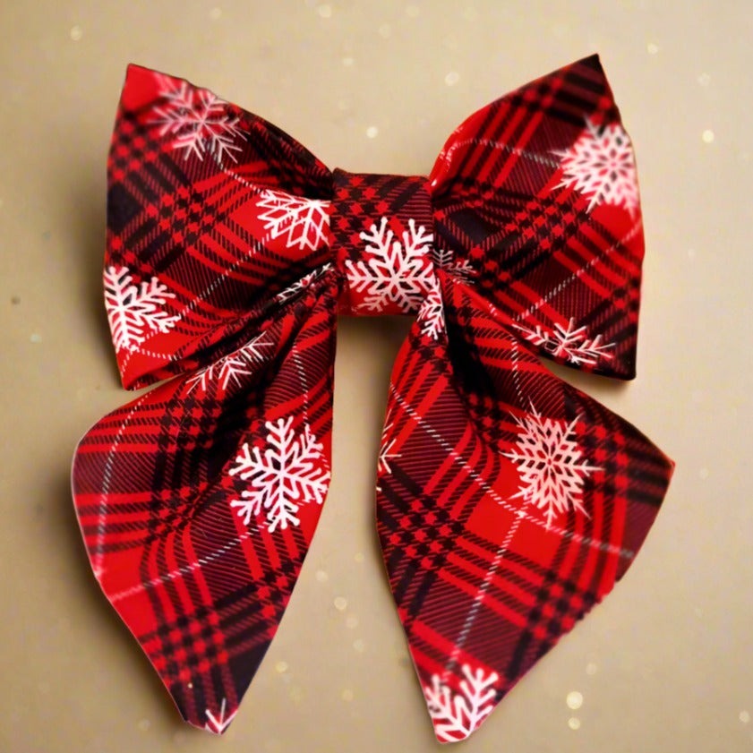 Red Plaid snowflake dog bowtie