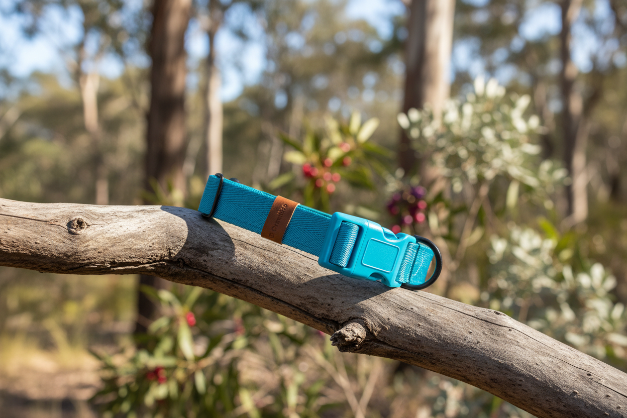 Blue dog collar on a branch with a forest background