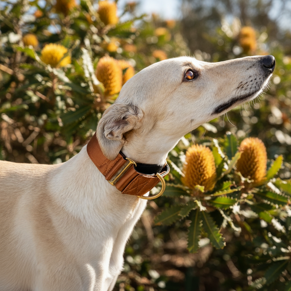 Dog wearing a brown martingale collar on a black background