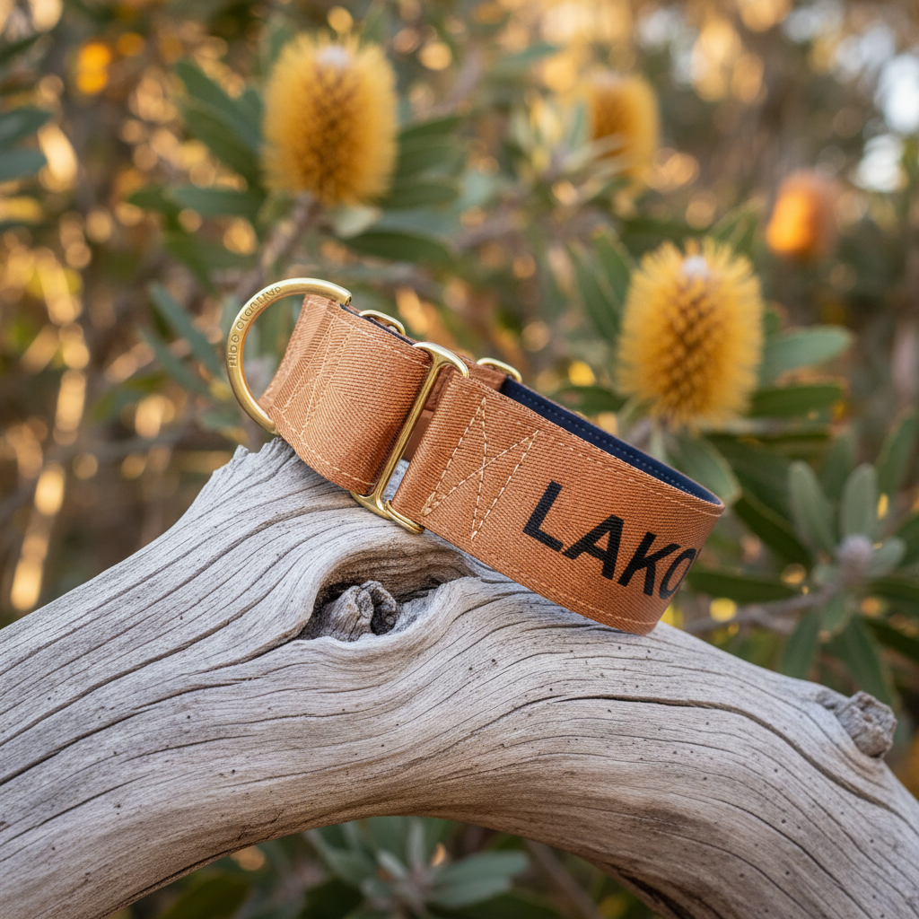 Brown martingale dog collar with dogs name 'LAKO' on the collar. yellow flowers in the background