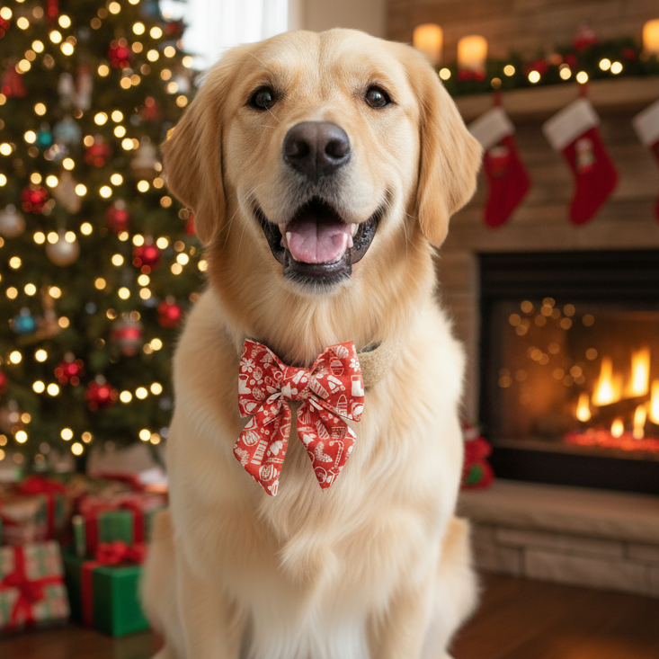 Christmas Dog Bow Tie with Red Geometric Pattern | Personalise with pets name