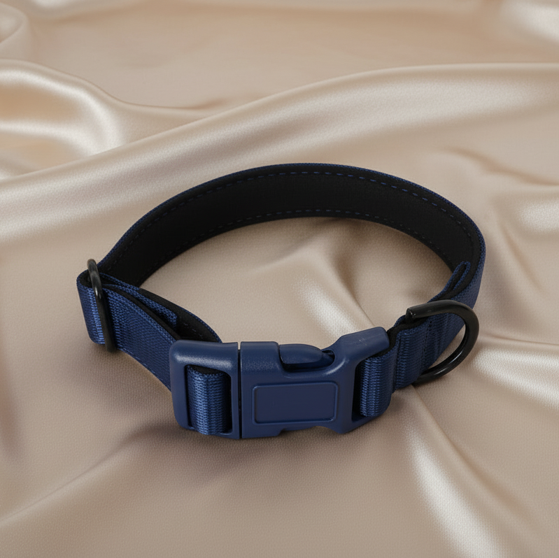 Navy Blue Personalised Dog Collar – Padded Buckle Collar with Optional Name Printing