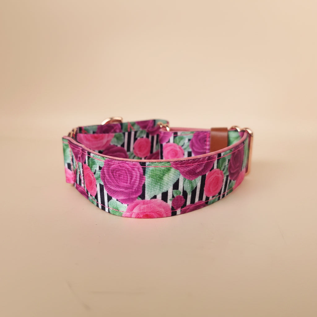 Rose Stripe Martingale Dog Collar – Floral Design with Soft Pink Padding