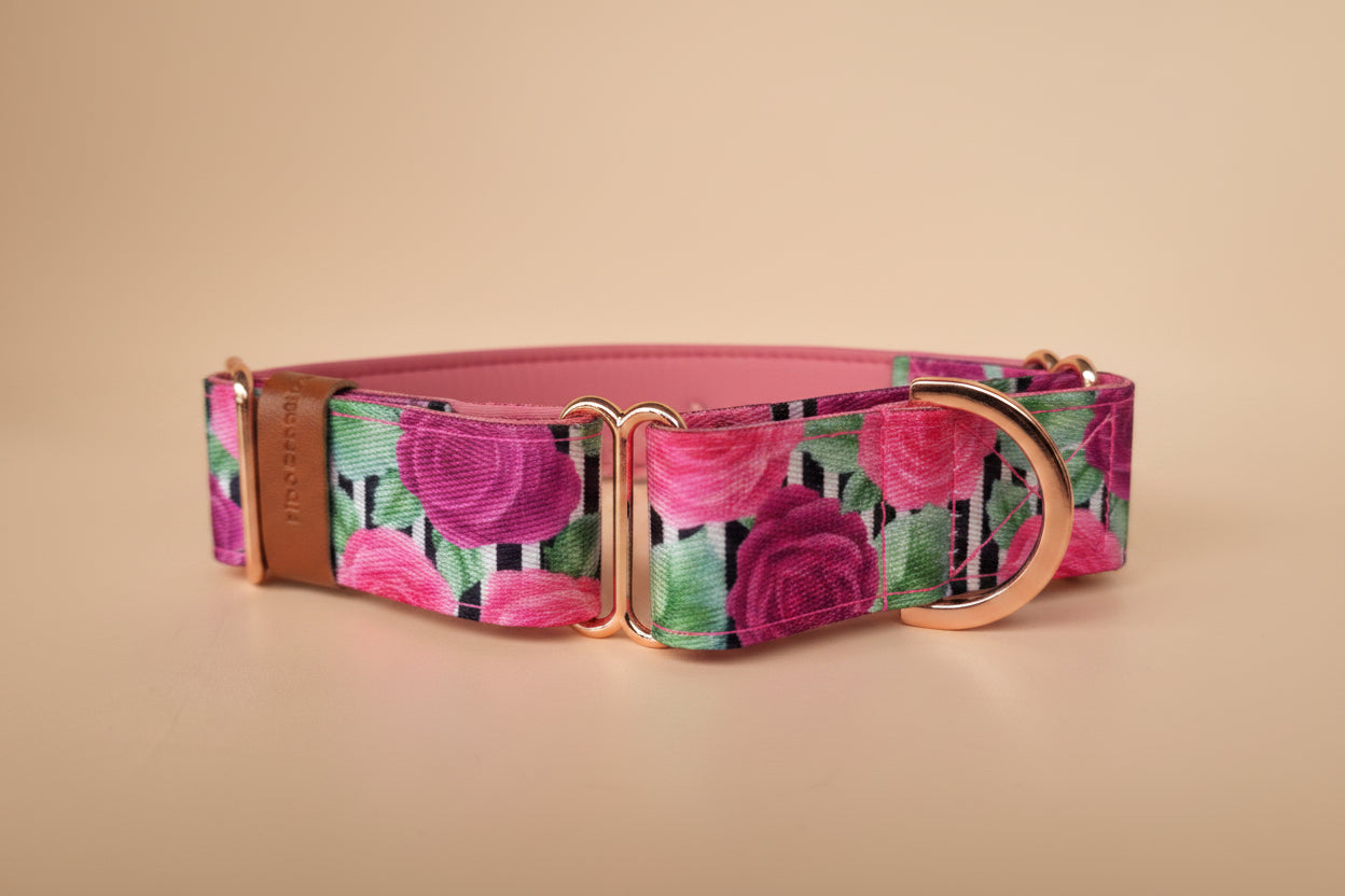Rose Stripe Martingale Dog Collar – Floral Design with Soft Pink Padding