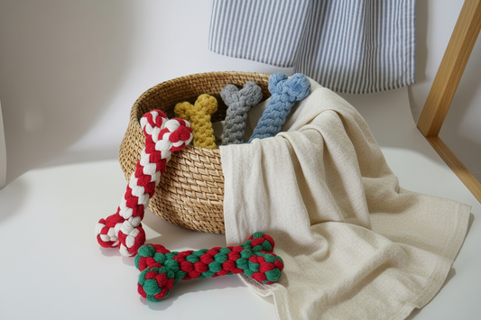 Two braided rope dog toys in red and green are arranged on a white surface in front of a woven basket holding additional dog toys in yellow, gray, and blue. A cream linen cloth and a striped fabric hang in the background.