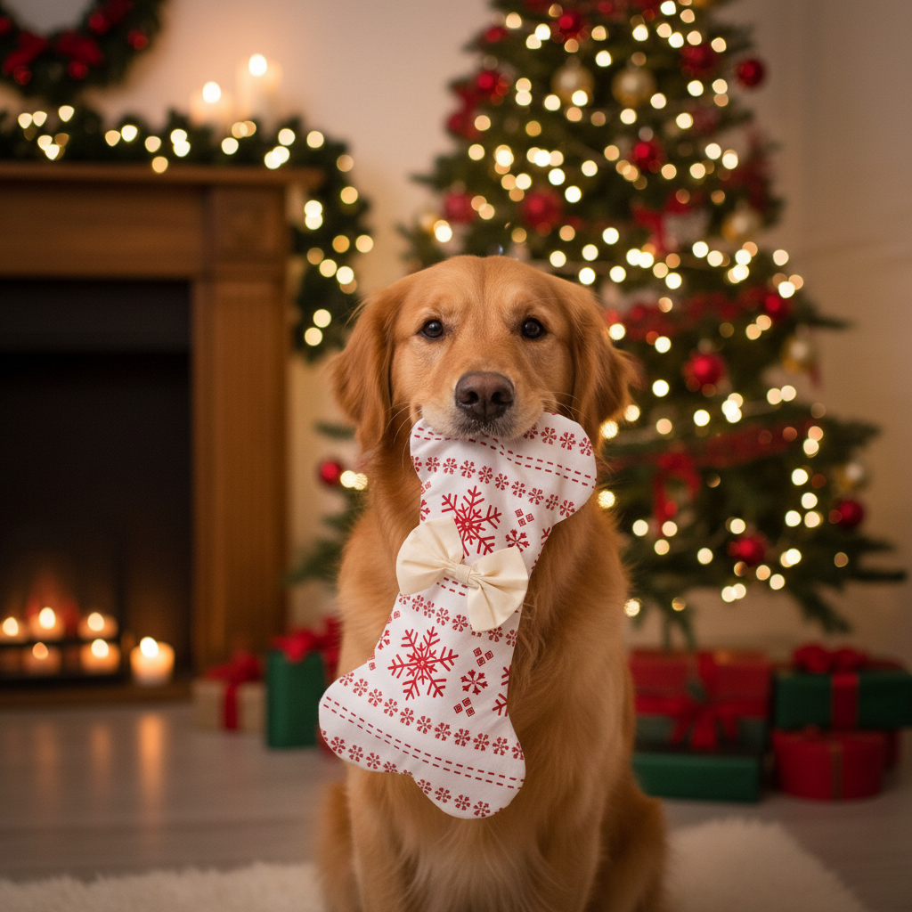 Dog holding a bone-shaped Christmas stocking in front of a decorated fireplace and tree.