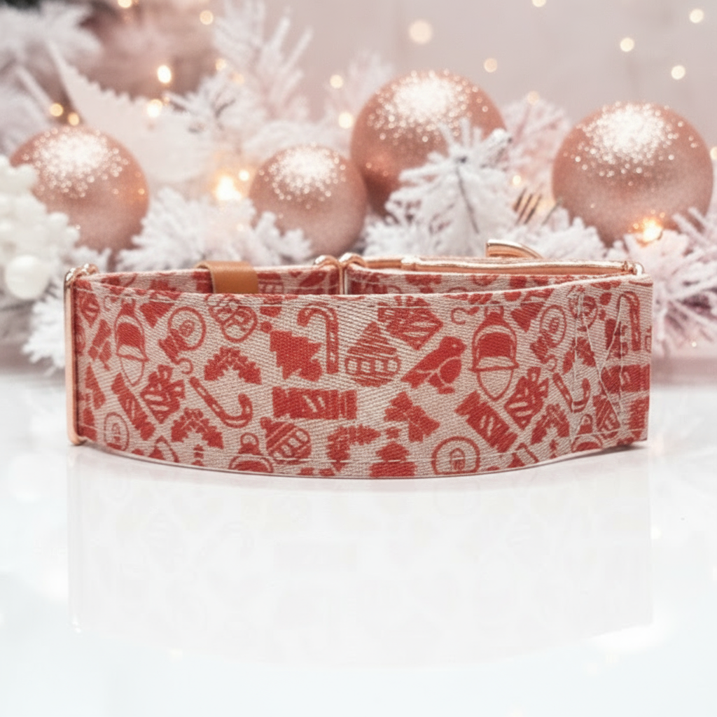 Pink and Red Geometric Christmas Martingale Dog Collar – Padded with rose gold hardware