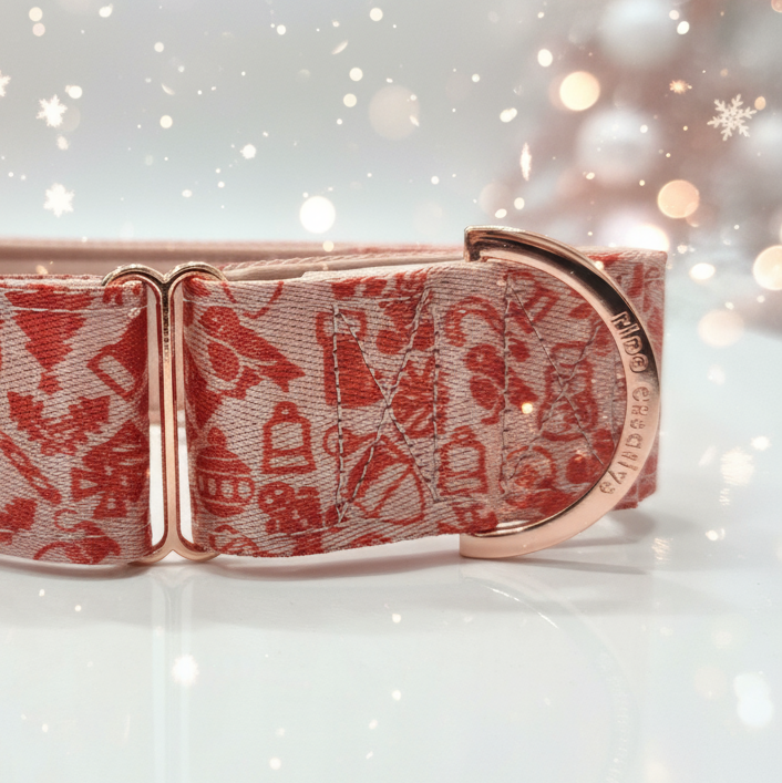 Pink and Red Geometric Christmas Martingale Dog Collar – Padded with rose gold hardware